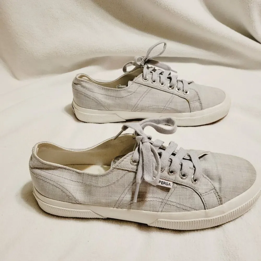 Superga grey linen lace up low top sneakers Size 39.5 womens Minimal Coastal